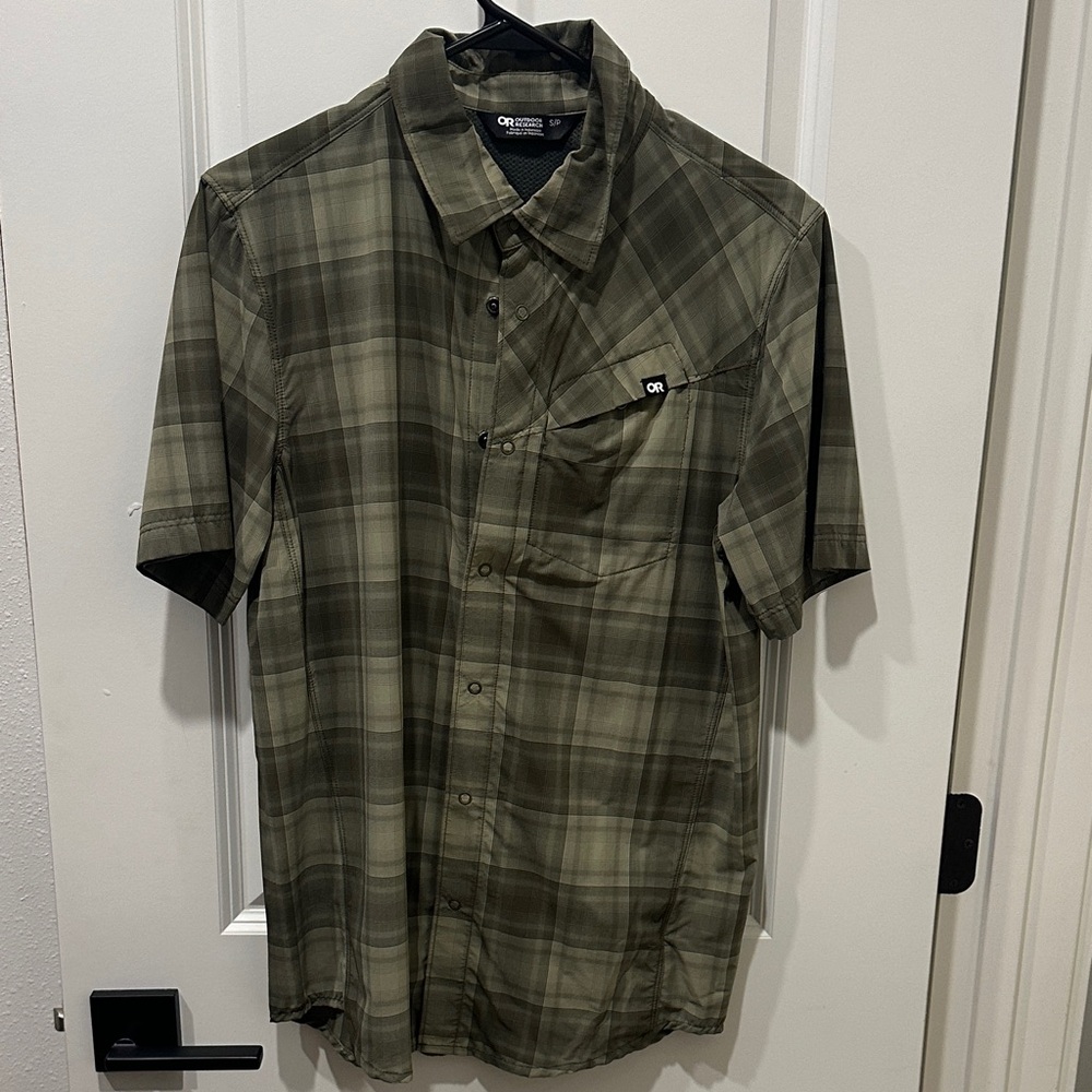 Outdoor Research Olive Green Plaid Short-Sleeve Button-Down Shirt